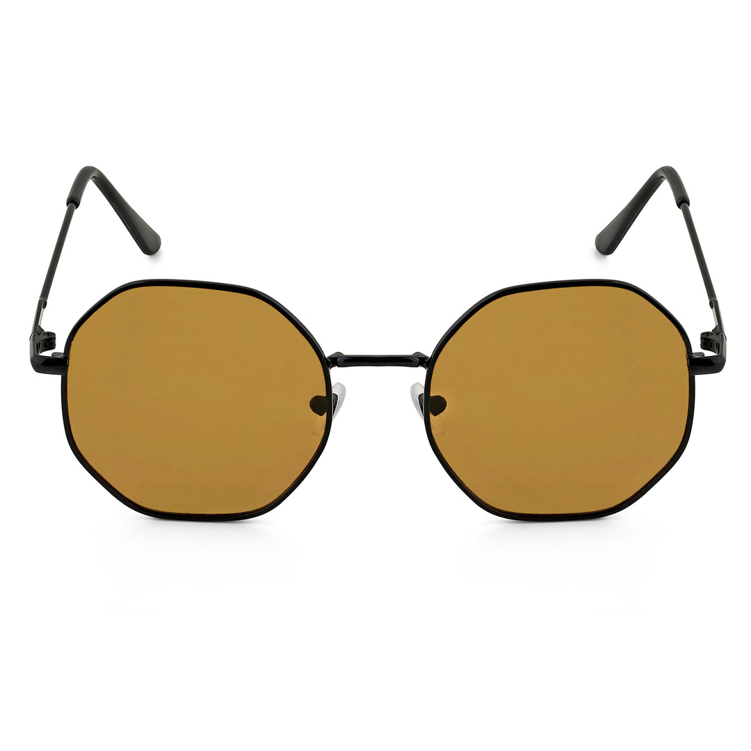 Octara Octagon Shaped Sunglasses with Black Frame and Brown Lenses