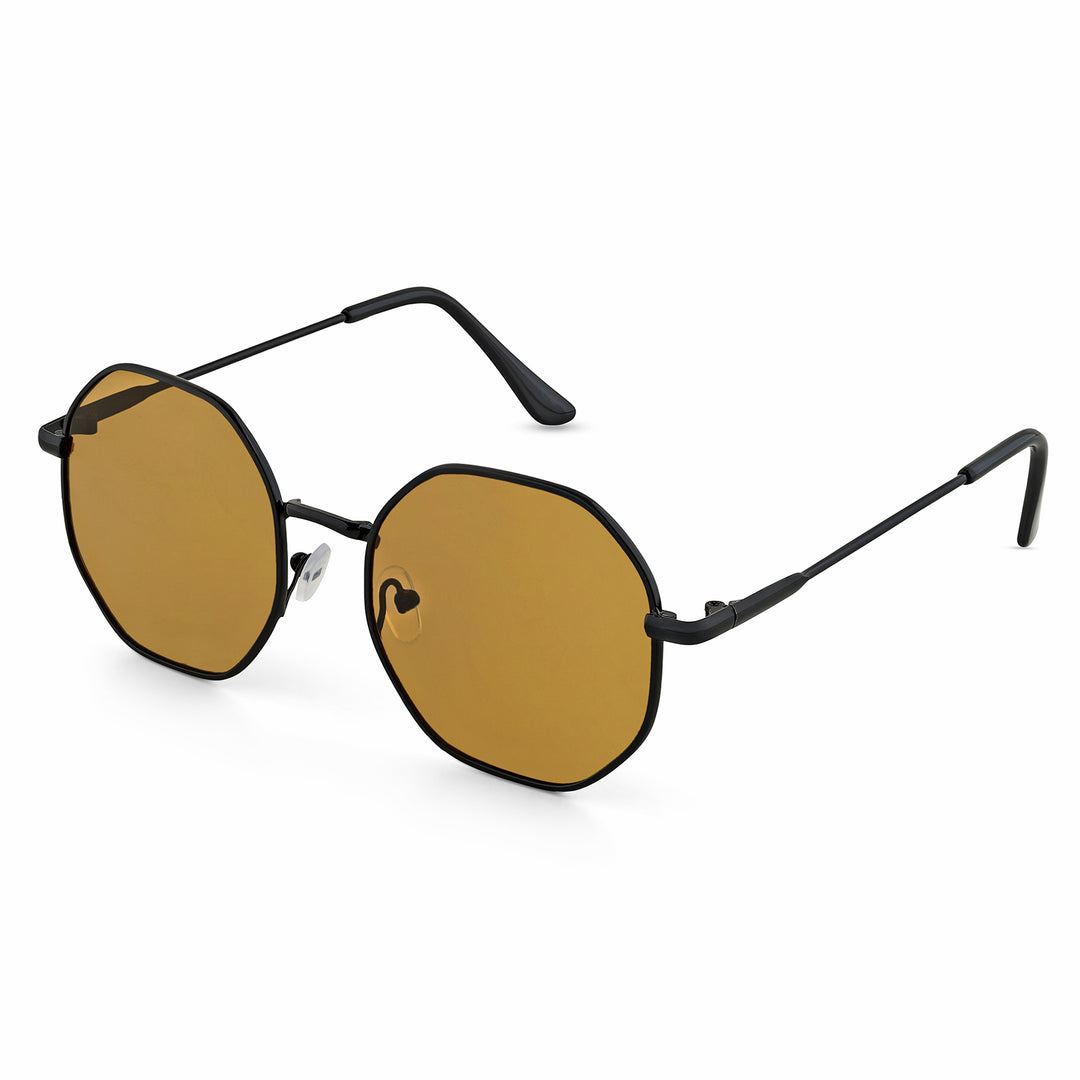 Octara Octagon Shaped Sunglasses with Black Frame and Brown Lenses