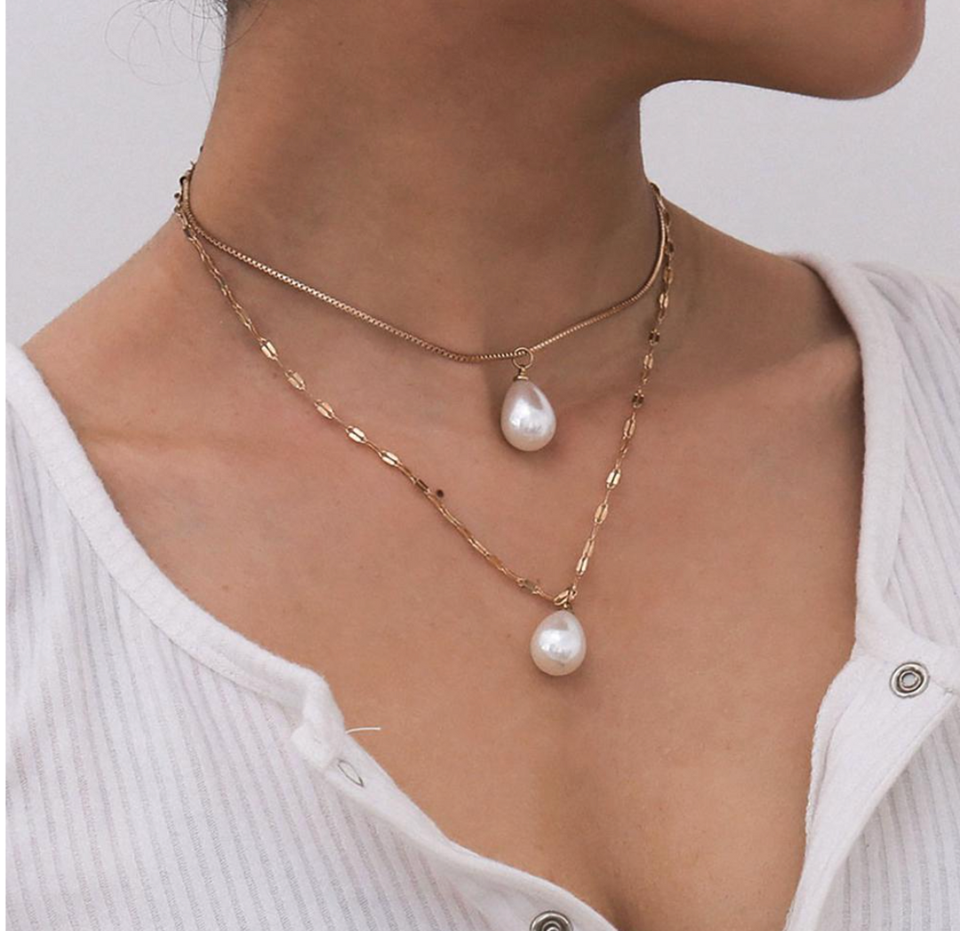 Pearl Drop Dainty Gold Layered Necklace