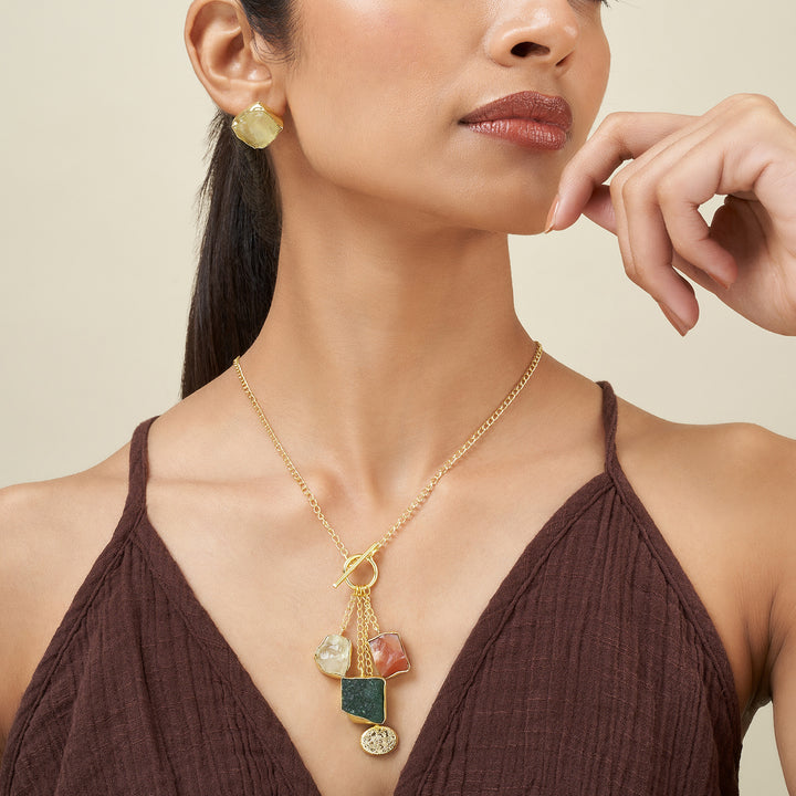 Soléa Rose Quartz Multicolored Natural Stone Charm Necklace Set