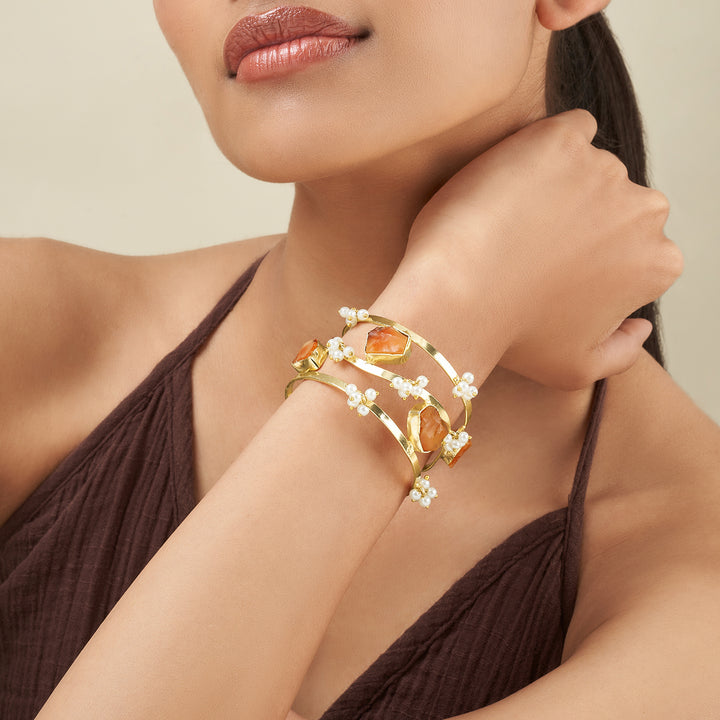 Soléa Orange Natural Stone Pearl Cuff Bracelet