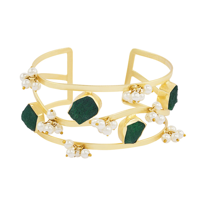 Soléa Dark Green Natural Stone Pearl Cuff Bracelet