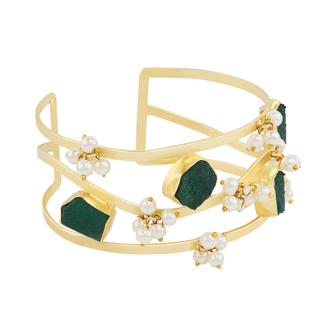 Soléa Dark Green Natural Stone Pearl Cuff Bracelet