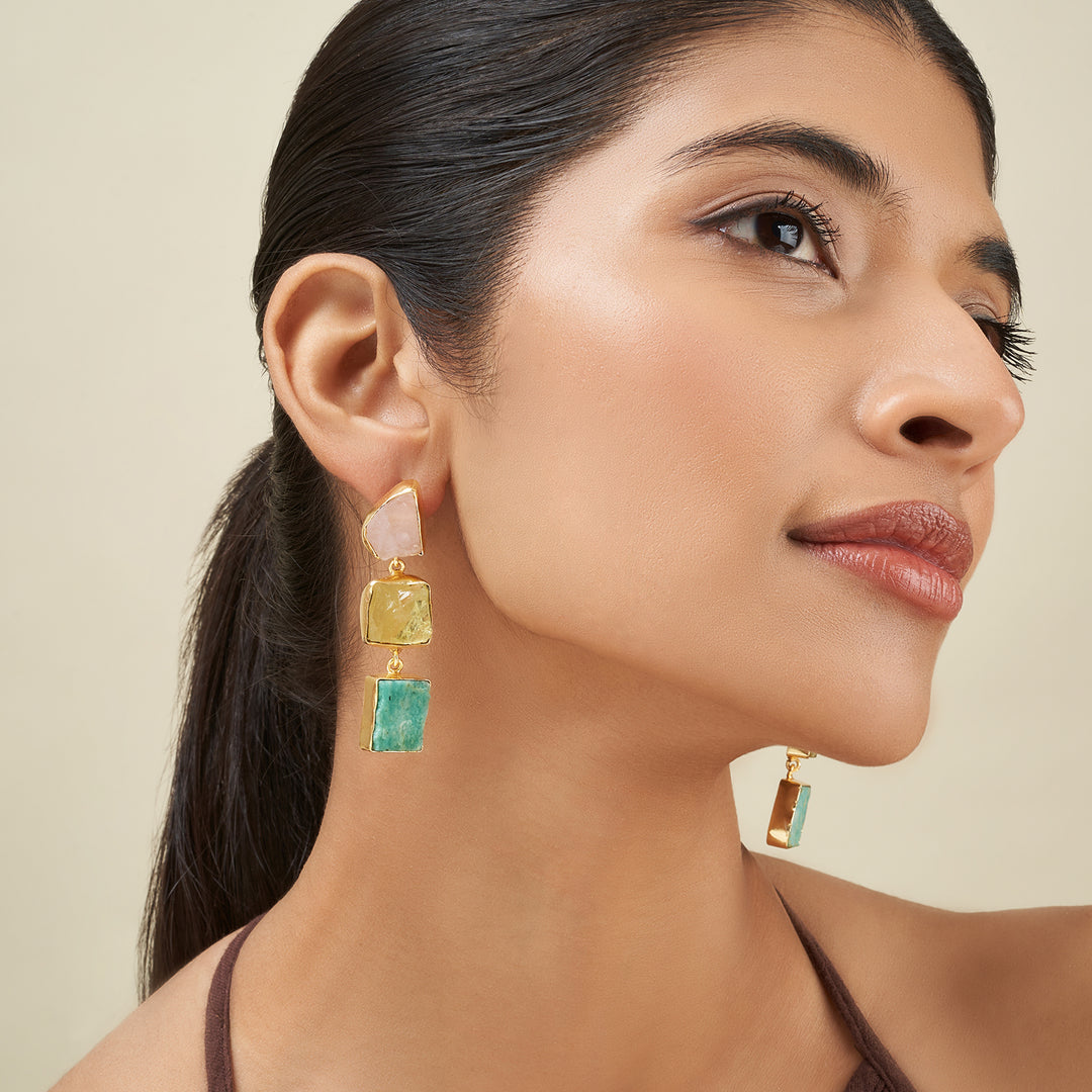 Soléa Pink Yellow Turquoise Natural Stone Danglers