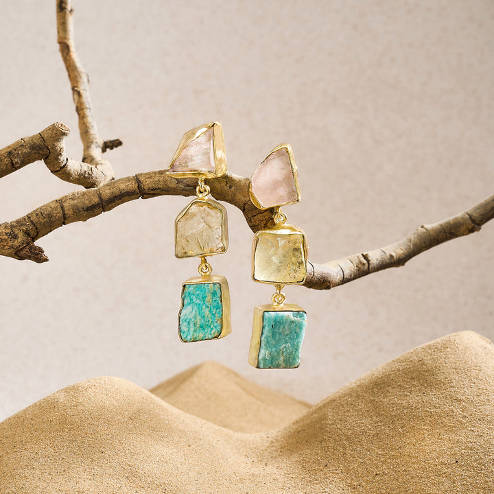 Soléa Pink Yellow Turquoise Natural Stone Danglers