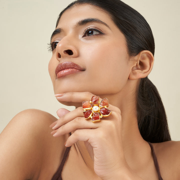 Soléa Orange Natural Stone Flower Ring