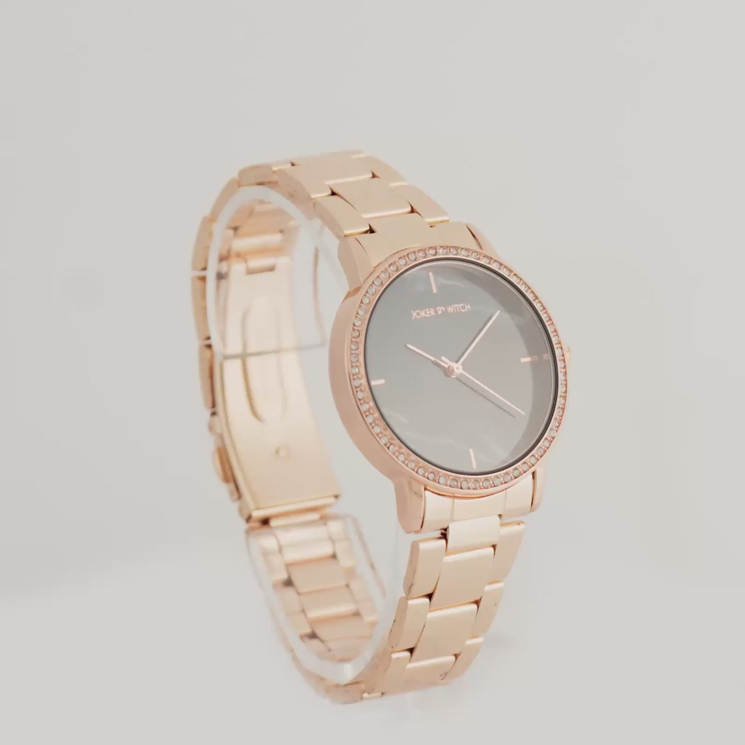 Comet Black Marble Medium Rhinestone Dial Rose Gold Linked Chain Strap Women's Watch