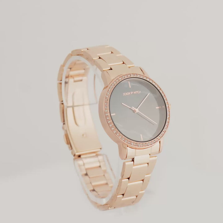 Comet Black Marble Medium Rhinestone Dial Rose Gold Linked Chain Strap Women's Watch