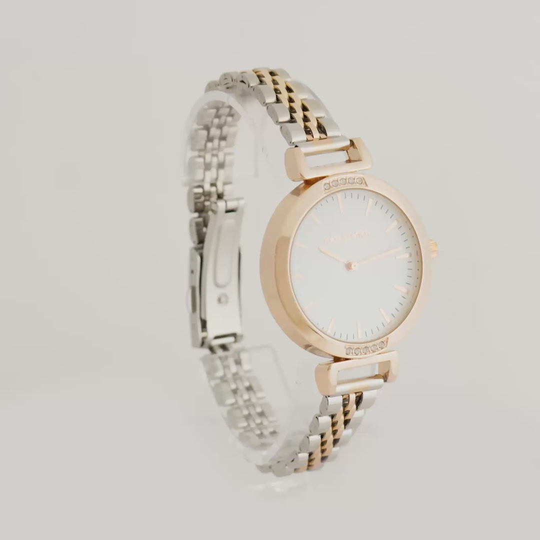 Petite White Medium Dial Dual Tone Linked Chain Strap Women's Watch