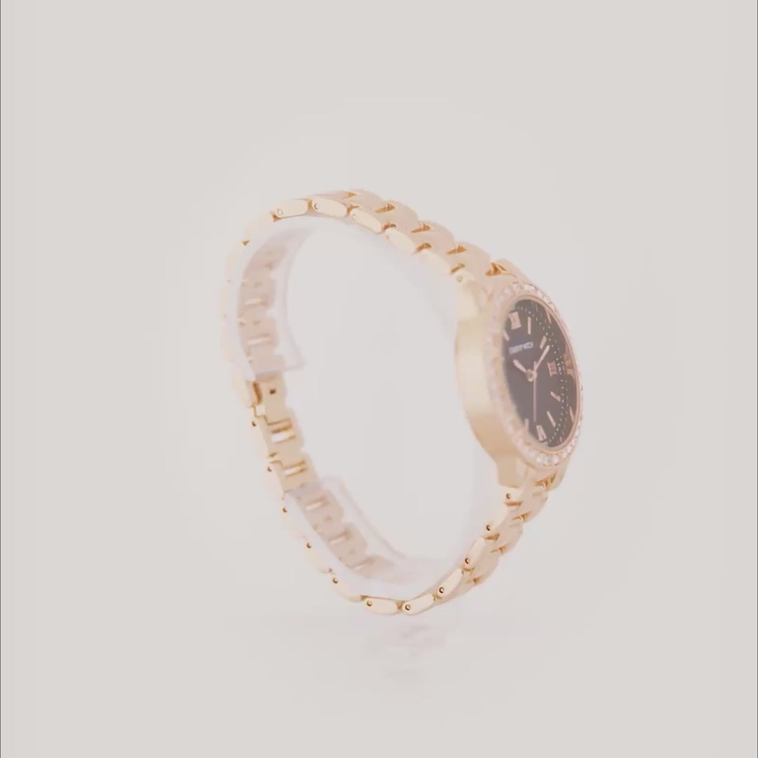 Radiant Halo Black Medium Rhinestone Dial Rose Gold Linked Chain Strap Women's Watch