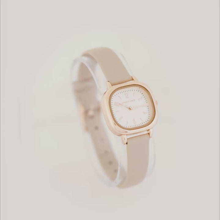 Cinque White Mini Square Dial Beige PU Strap Women's Watch