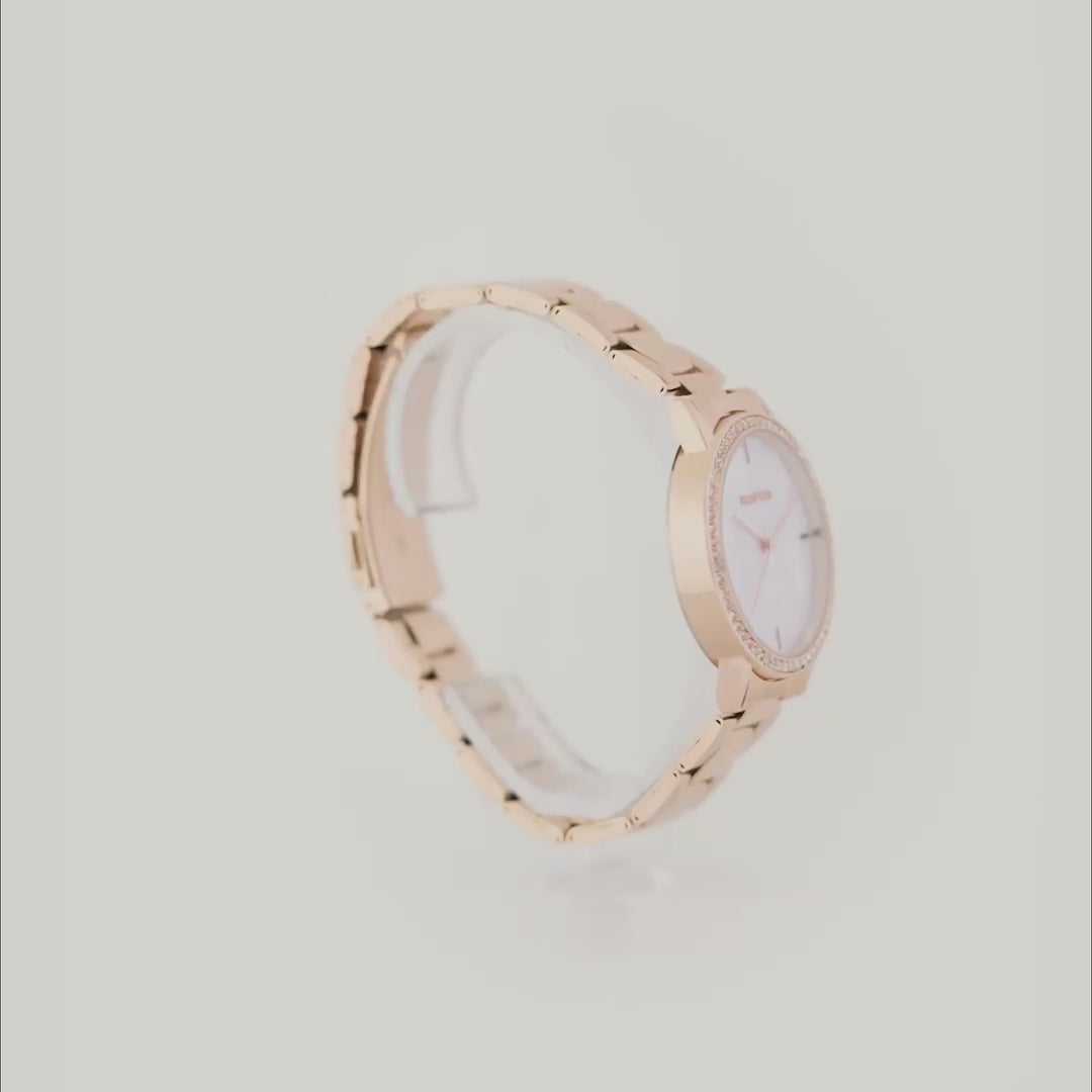 Comet White Marble Medium Rhinestone Dial Rose Gold Linked Chain Strap Women's Watch