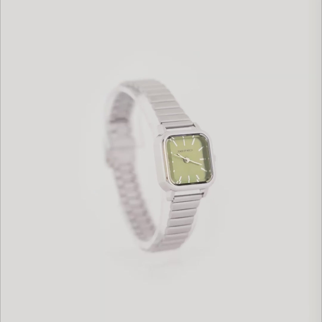 Vespera Green Mini Square Dial Silver Linked Chain Strap Women's Watch