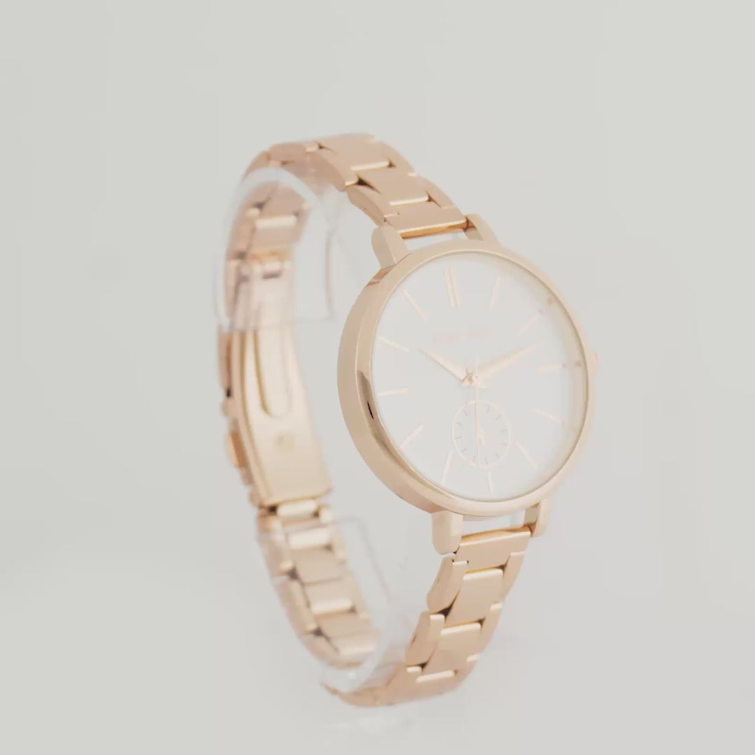 Sleek White Large Dial Rose Gold Linked Chain Strap Women's Watch