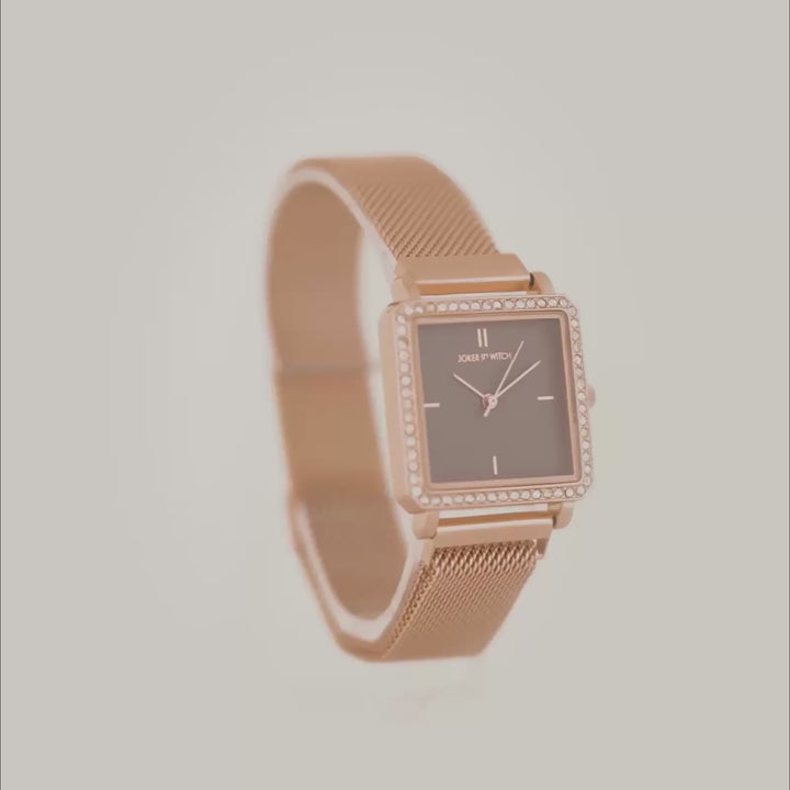 Octa Brown Small Square Rhinestone Dial Rose Gold Magnetic Strap Women's Watch