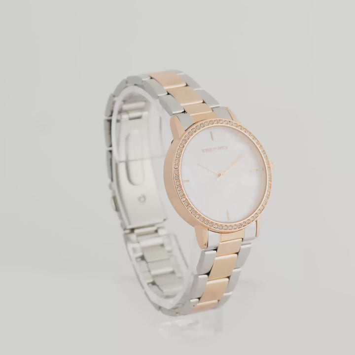 Comet White MOP Medium Rhinestone Dial Dual Tone Linked Chain Strap Women's Watch