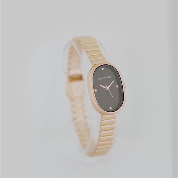 Enola Black Small Oval Dial Rose Gold Mesh Strap Women's Watch