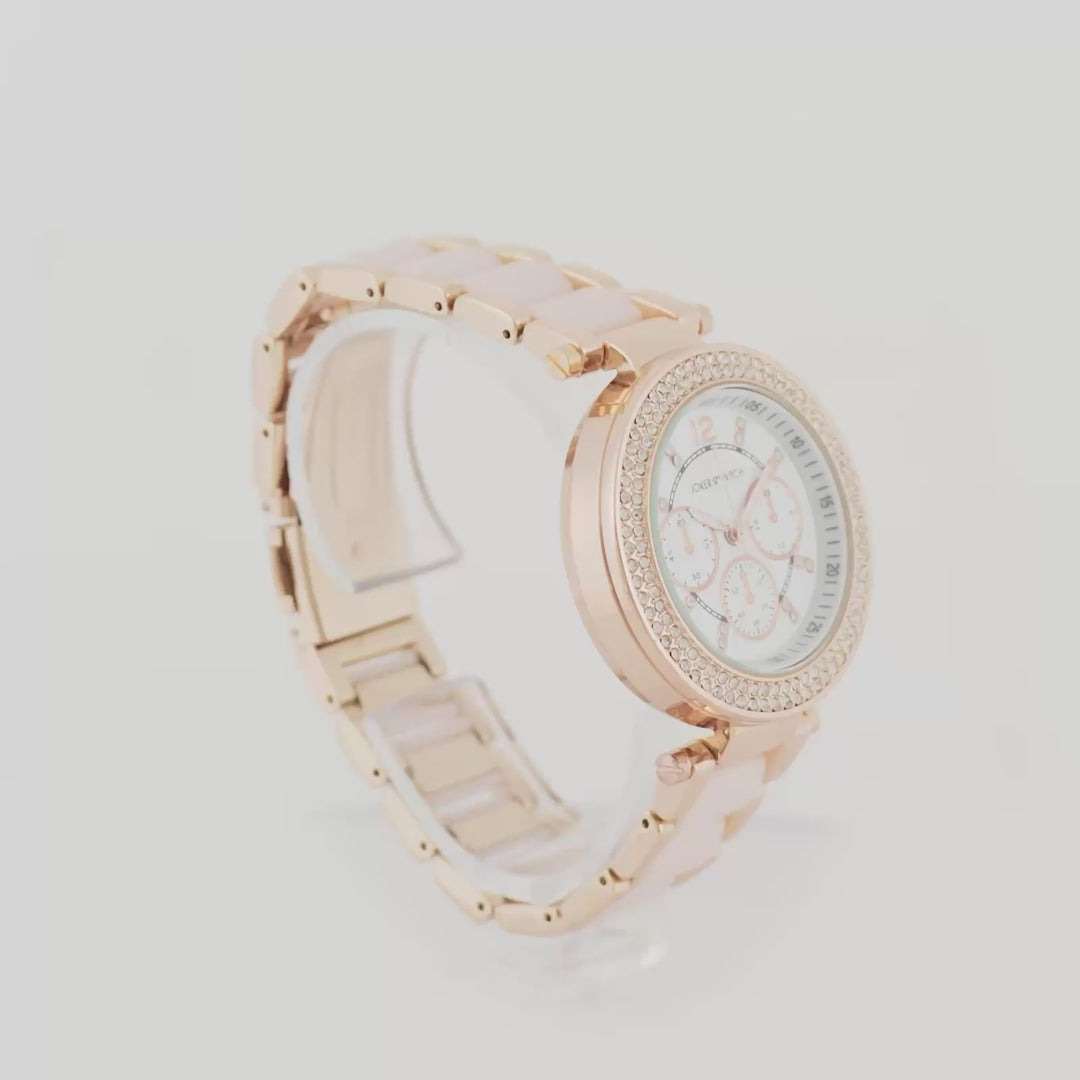 Suzanne White Large Rhinestone Dial Pink Ceramic Linked Chain Strap Women's Watch