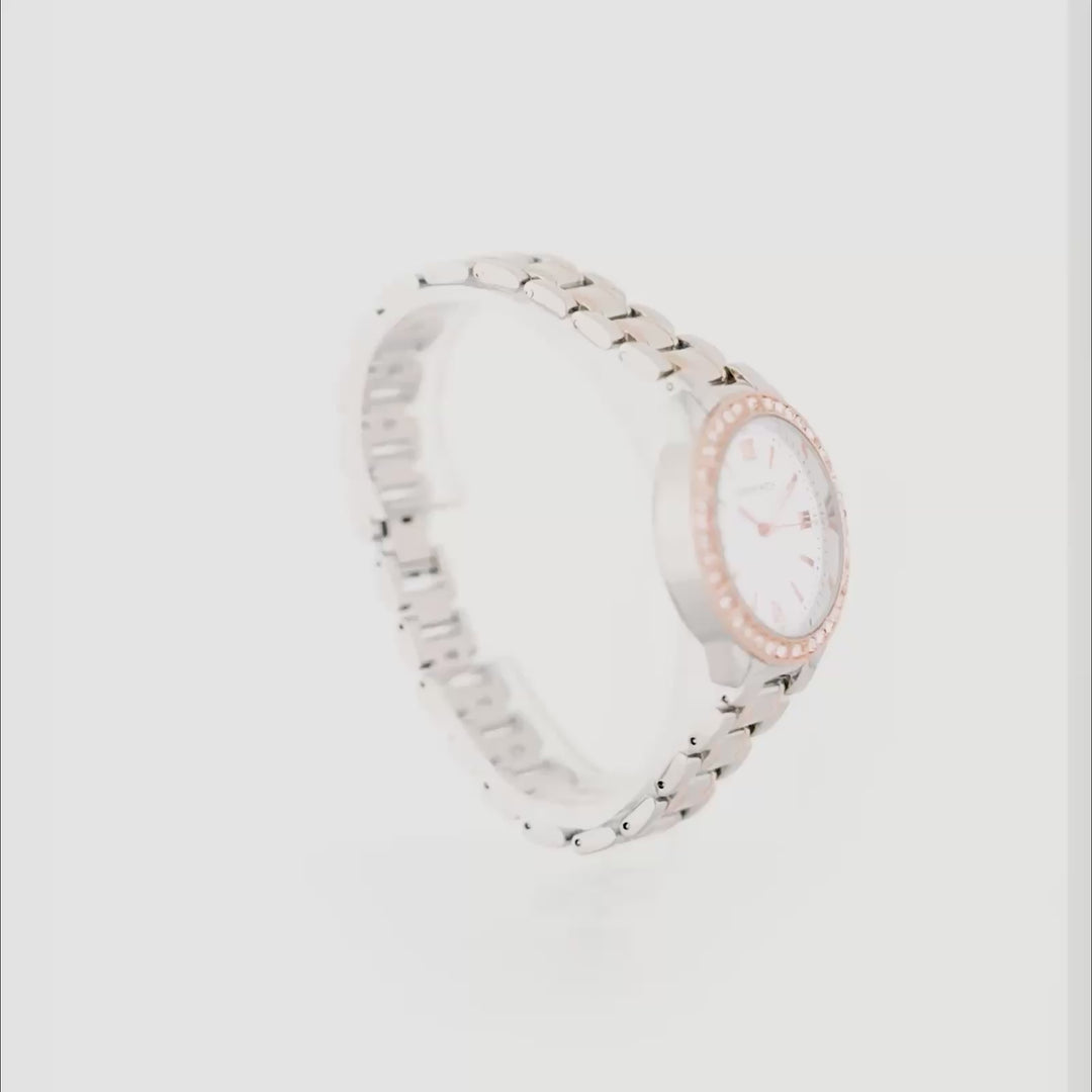 Radiant Halo White Medium Rhinestone Dial Dual Tone Linked Chain Strap Women's Watch