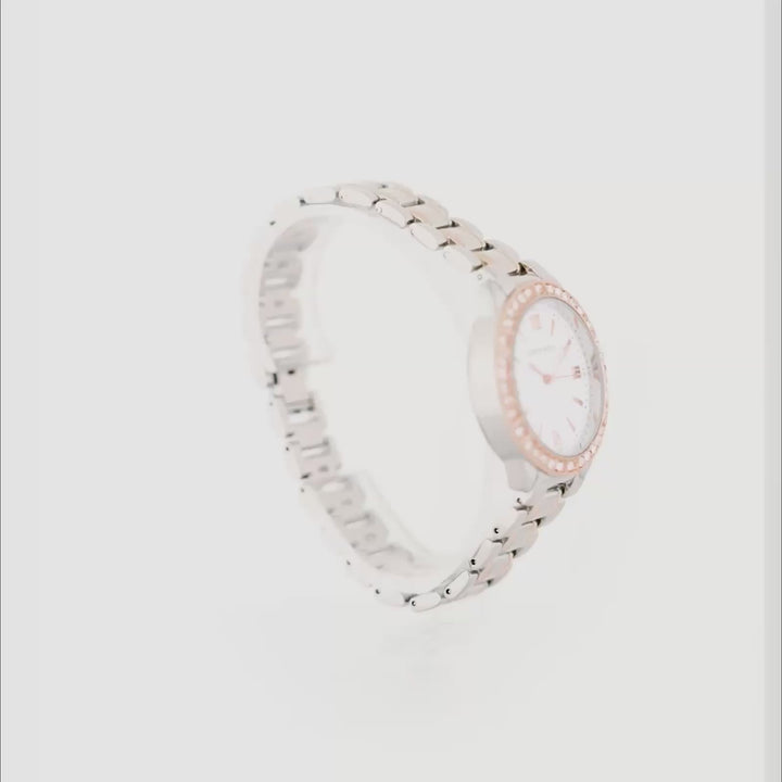 Radiant Halo White Medium Rhinestone Dial Dual Tone Linked Chain Strap Women's Watch