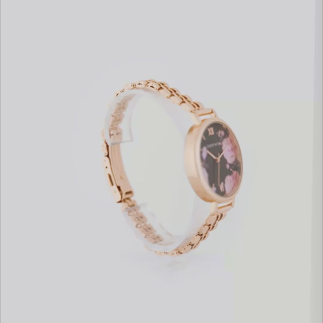 Fleur Black Large Dial Rose Gold Linked Chain Strap Women's Watch