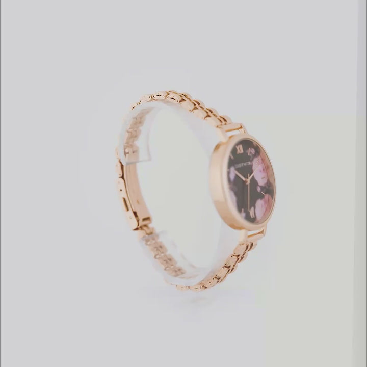 Fleur Black Large Dial Rose Gold Linked Chain Strap Women's Watch