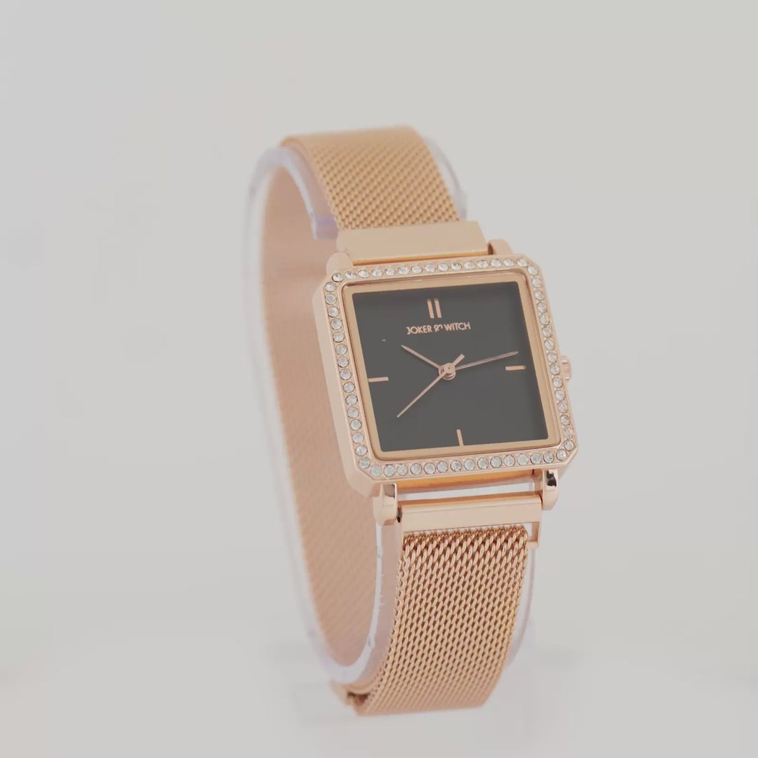 Octa Black Small Square Rhinestone Dial Rose Gold Magnetic Strap Women's Watch