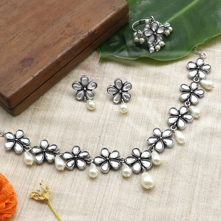 Teejh Sitaara polki stone silver oxidized jewellery gift set - Teejh