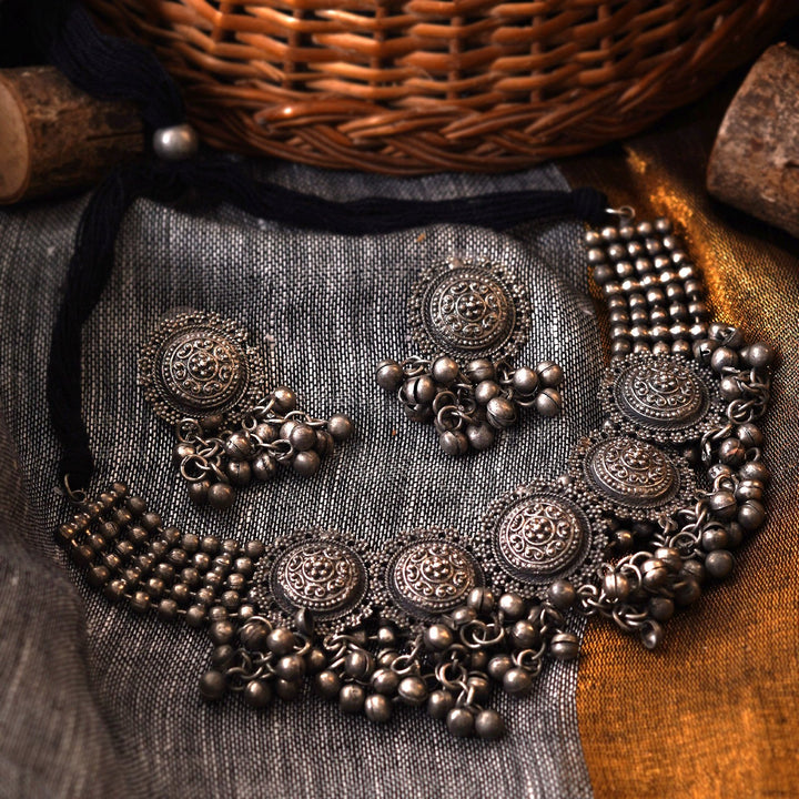 Teejh Kiva Ethnic Silver Oxidised Ghungroo Necklace Set