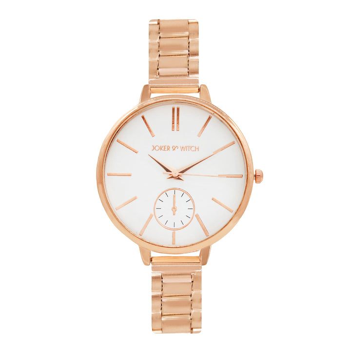 Sleek White Large Dial Rose Gold Linked Chain Strap Women's Watch