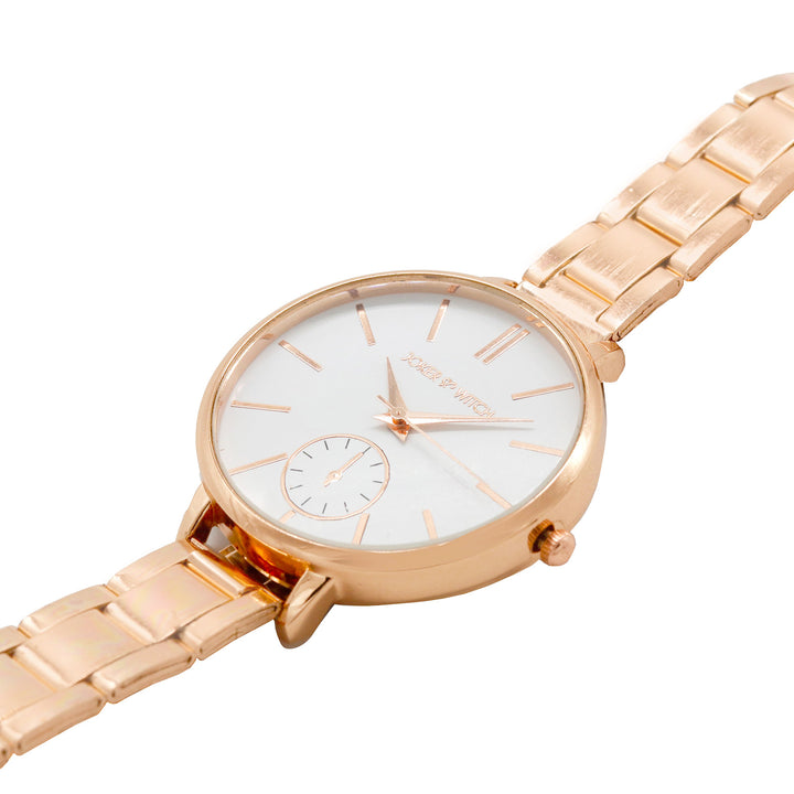 Sleek White Large Dial Rose Gold Linked Chain Strap Women's Watch