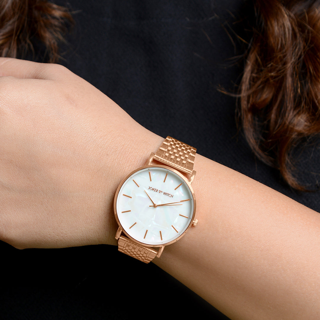 Nebula White MOP Large Dial Rose Gold Linked Chain Strap Women's Watch