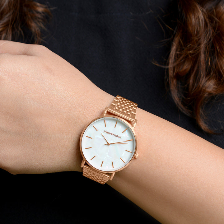 Nebula White MOP Large Dial Rose Gold Linked Chain Strap Women's Watch