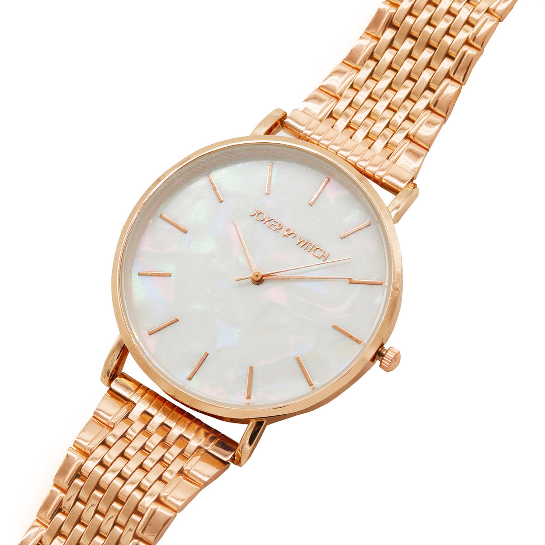 Nebula White MOP Large Dial Rose Gold Linked Chain Strap Women's Watch