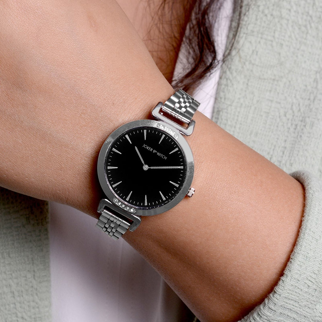 Petite Black Medium Dial Silver Linked Chain Strap Women's Watch
