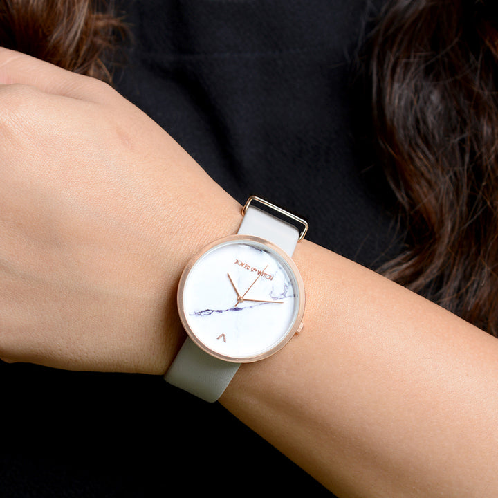 Hailey White Large Marble Dial Grey PU Strap Women's Watch