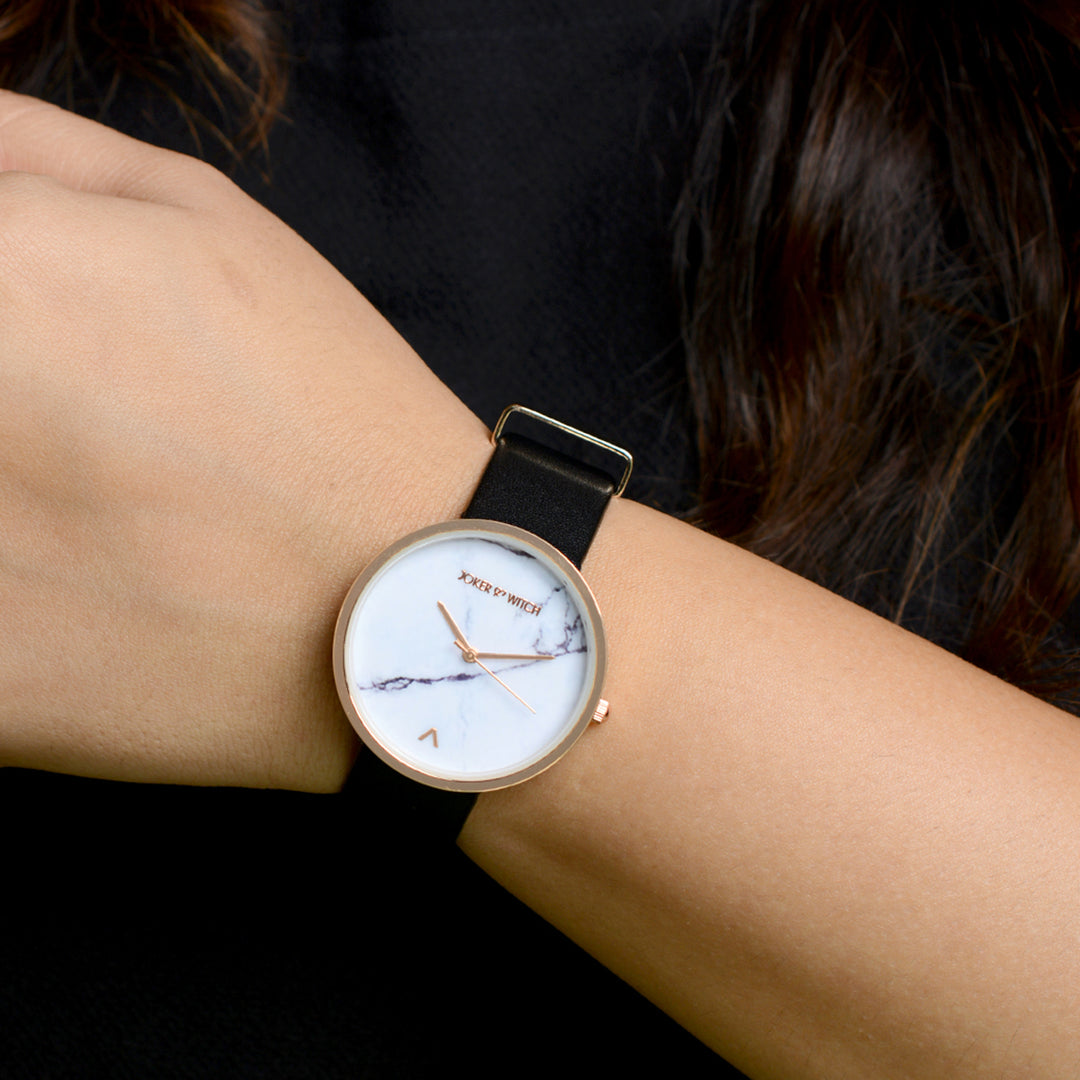 Hailey White Large Marble Dial Black PU Strap Women's Watch