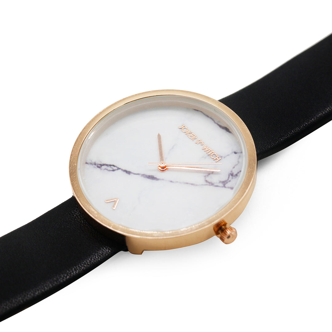 Hailey White Large Marble Dial Black PU Strap Women's Watch