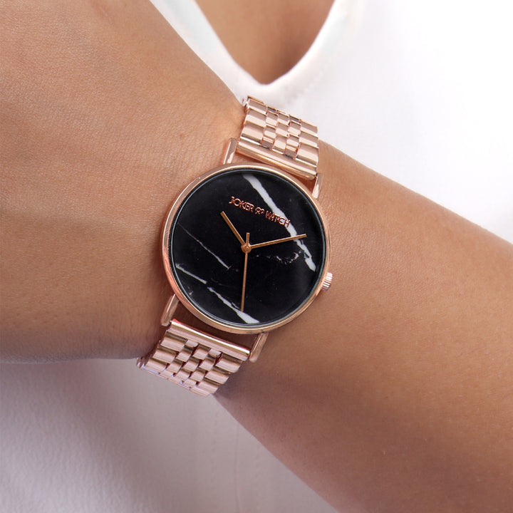 April Black Medium Dial Rose Gold Linked Chain Strap Women's Watch