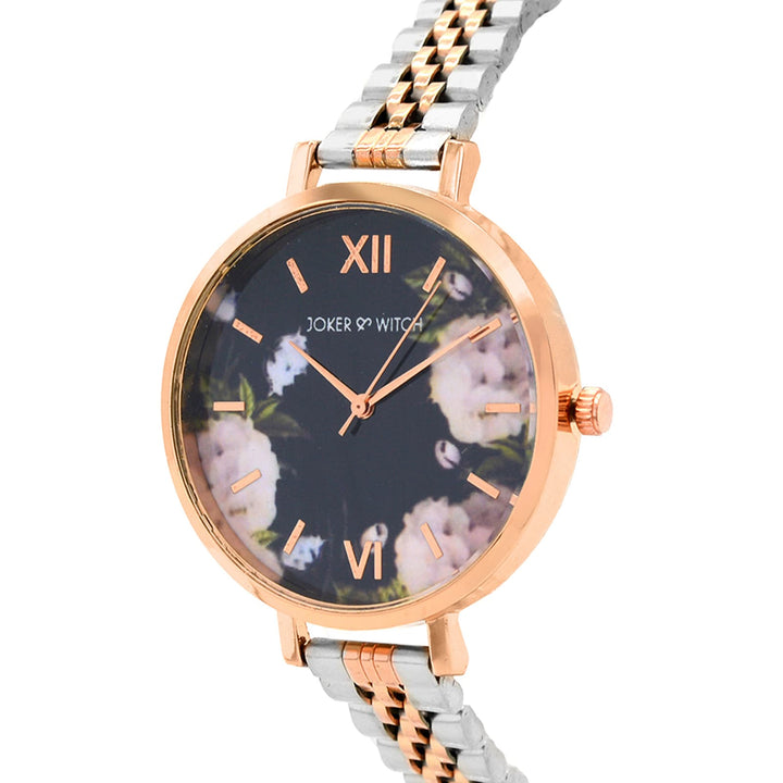 Fleur Black Large Dial Dual Tone Linked Chain Strap Women's Watch