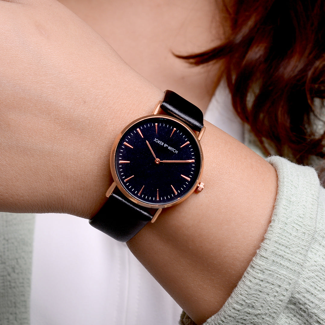 Ines Rose Gold Black Medium Dial PU Strap Women's Watch