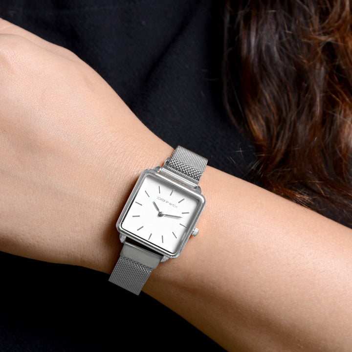 Vintage White Small Square Dial Silver Magnetic Strap Women's Watch