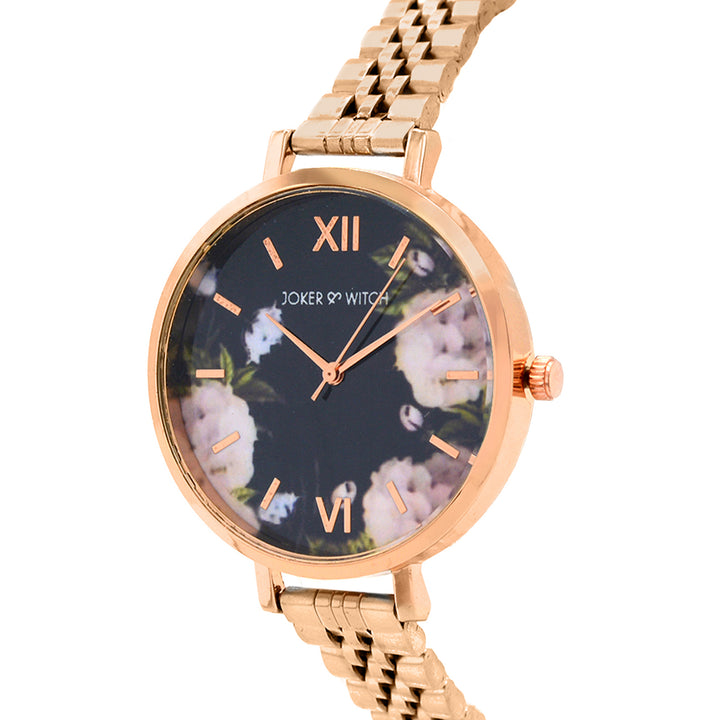 Fleur Black Large Dial Rose Gold Linked Chain Strap Women's Watch