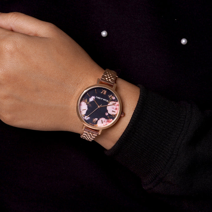 Fleur Black Large Dial Rose Gold Linked Chain Strap Women's Watch