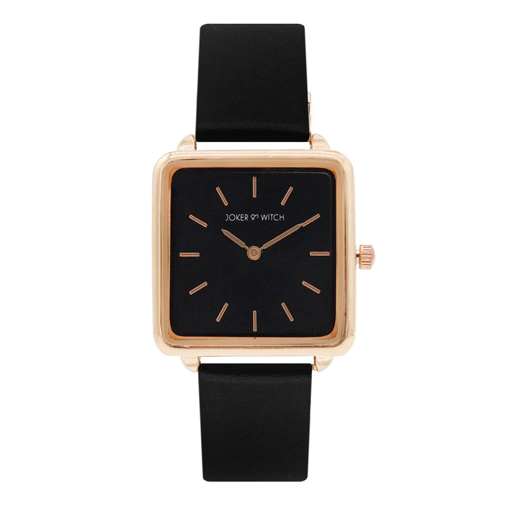 Emily Rose Gold Black Small Square Dial PU Strap Women's Watch