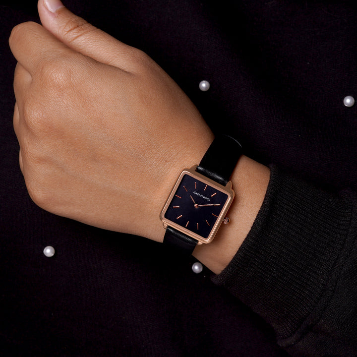 Emily Rose Gold Black Small Square Dial PU Strap Women's Watch