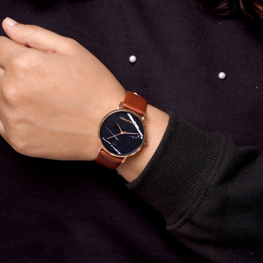 Giselle Black Medium Marble Dial Brown PU Strap Women's Watch