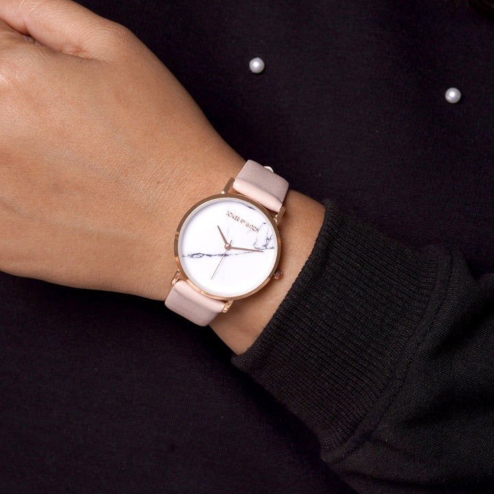 Hannah White Medium Marble Dial Pink PU Strap Women's Watch