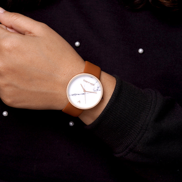 Hailey White Large Marble Dial Tan PU Strap Women's Watch