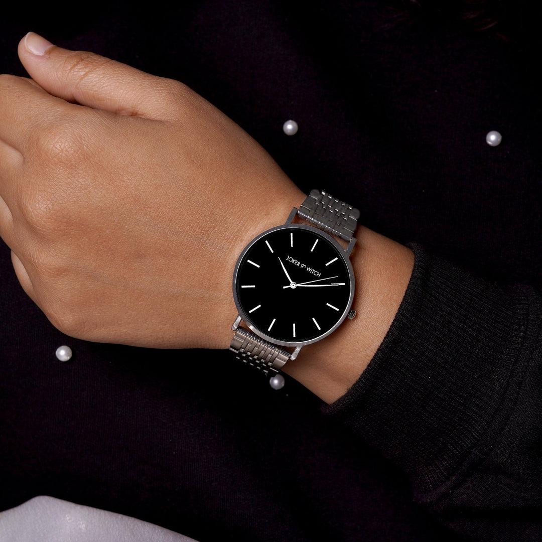 Signature Black Large Dial Silver Linked Chain Strap Women's Watch